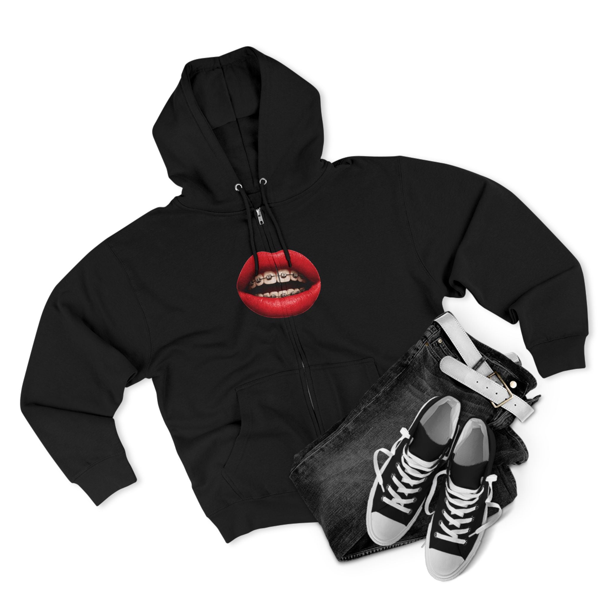Zip Hoodie — Red Lips with Braces Graphic