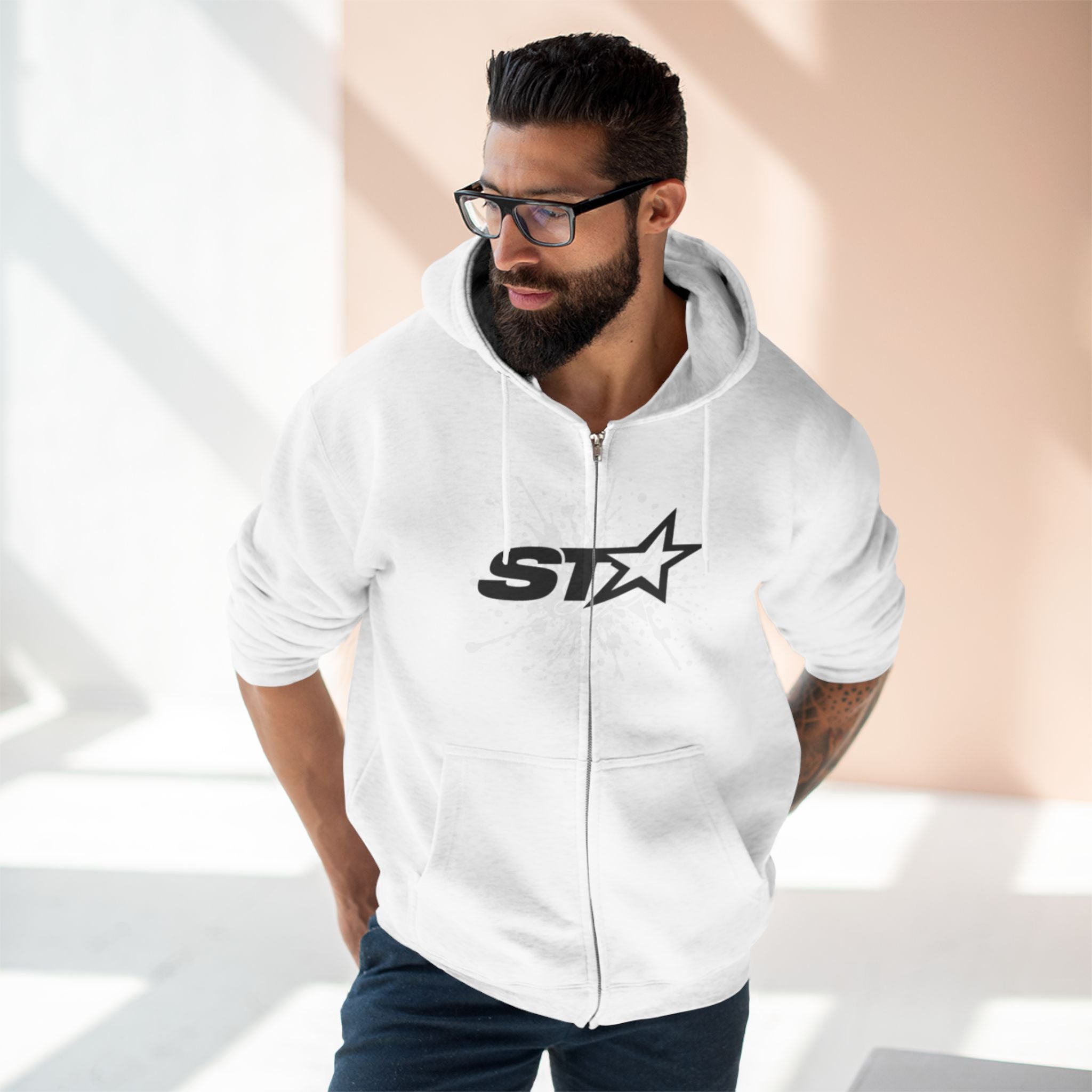 ST Logo Zip Hoodie — Minimalist Star Graphic Full-Zip Hooded Sweatshirt