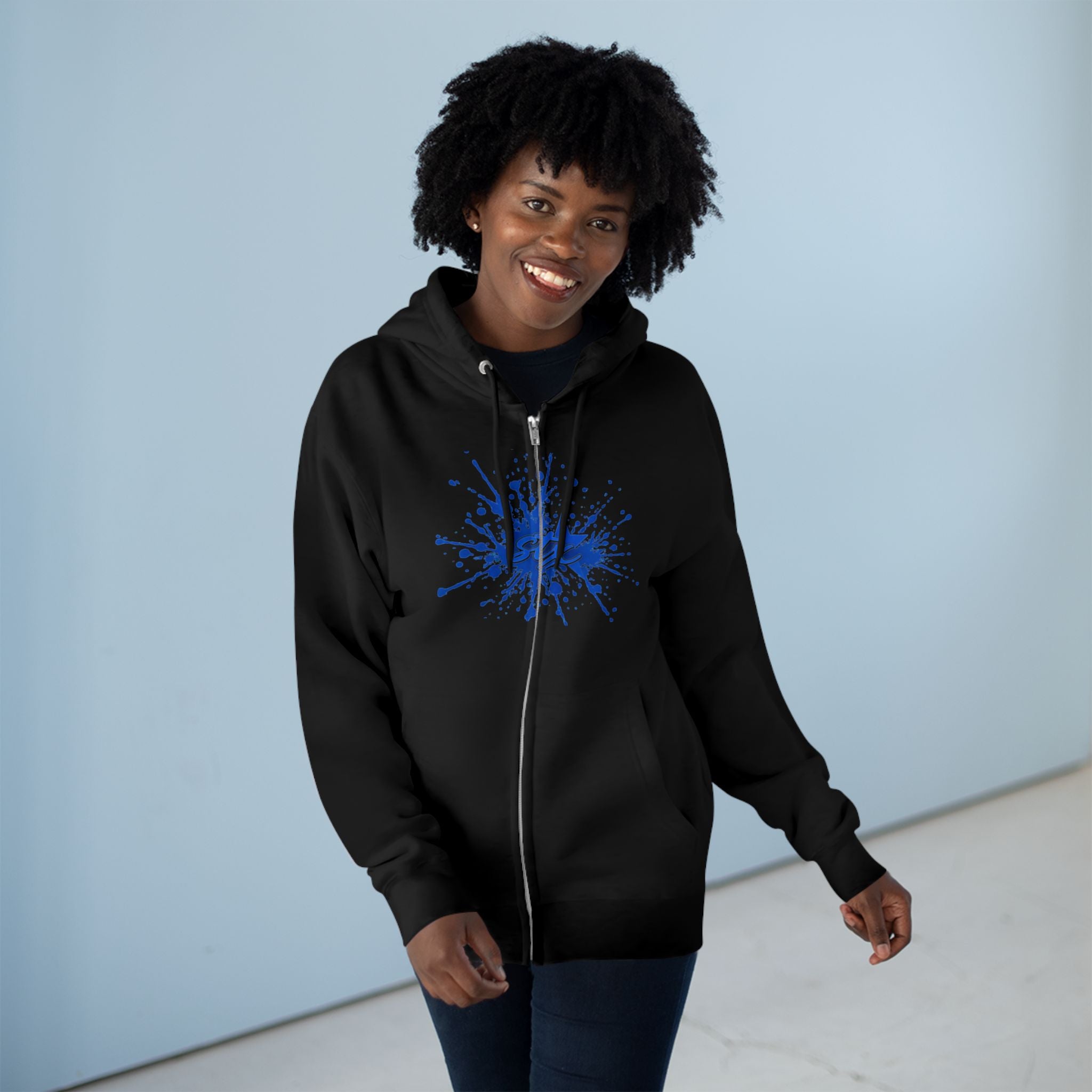 Blue Paint Splash Zip Hoodie — Artistic Splatter Graphic Hoodie