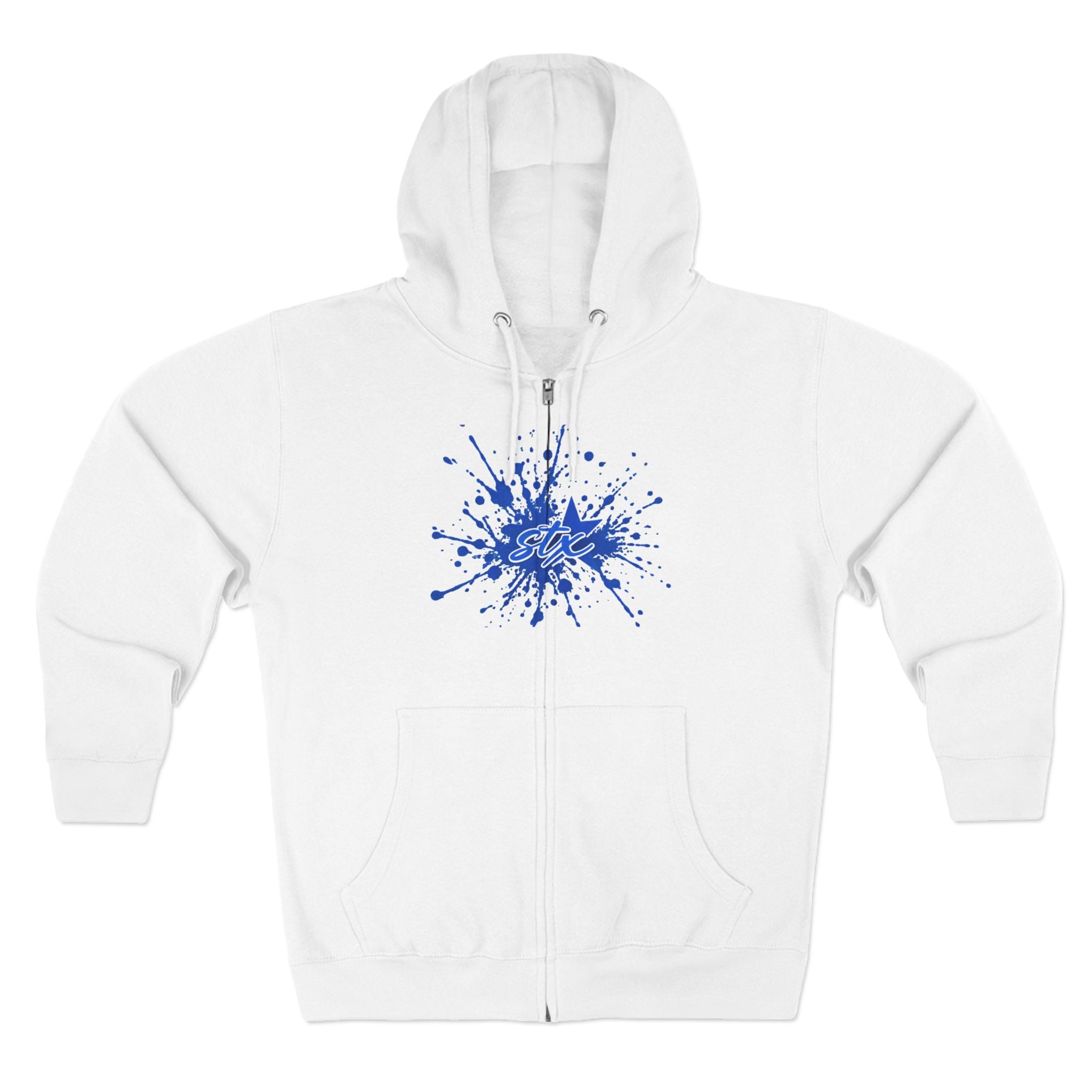 Blue Paint Splash Zip Hoodie — Artistic Splatter Graphic Hoodie