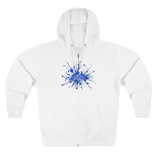 Blue Paint Splash Zip Hoodie — Artistic Splatter Graphic Hoodie