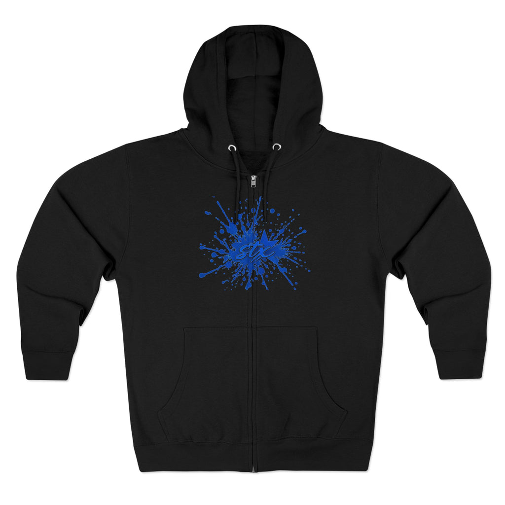 Blue Paint Splash Zip Hoodie — Artistic Splatter Graphic Hoodie
