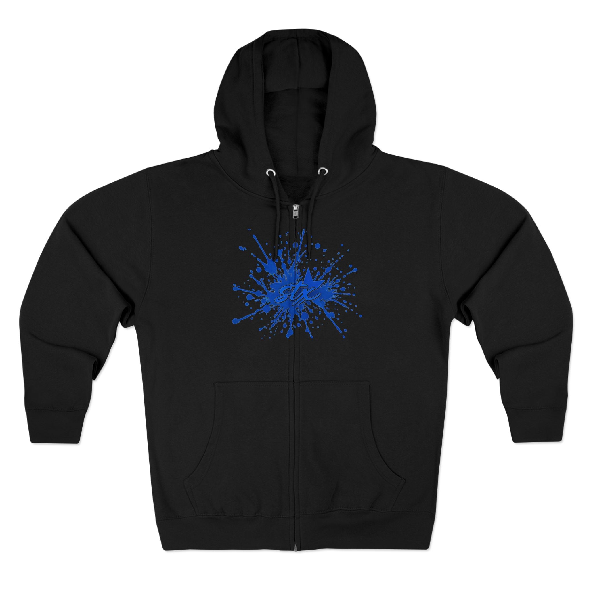 Blue Paint Splash Zip Hoodie — Artistic Splatter Graphic Hoodie