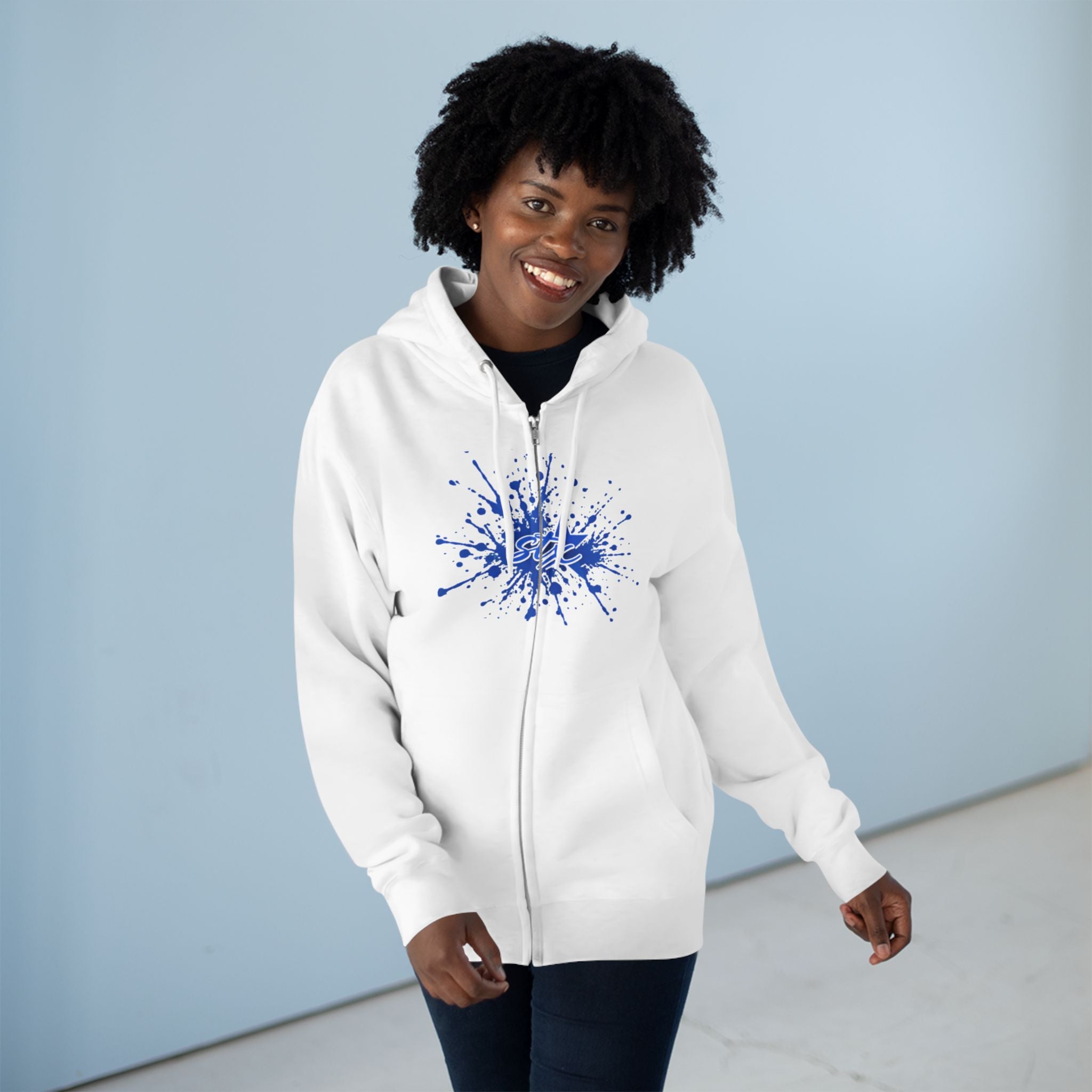 Blue Paint Splash Zip Hoodie — Artistic Splatter Graphic Hoodie